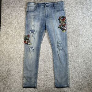 Young And Reckless Jeans Men's 36 Skinny Dragon Embroidered Denim Y&R‎